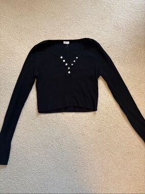 Garage Black Ribbed Long-Sleeve Snap Crop Top